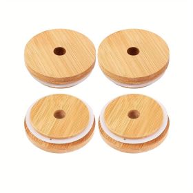 2/4pcs Bamboo Jar Lids With Straw Hole; Reusable Bamboo Jar Lids; Leak Proof Glass Canning Drinking Storage Jars; Canning Lids With Silicone Ring For (Quantity: 4pcs)
