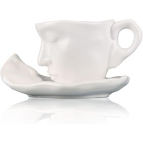 Tea Cup and Saucer Set Ceramic Kissing Couple Coffee Mug Set (Color: White)