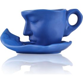 Tea Cup and Saucer Set Ceramic Kissing Couple Coffee Mug Set (Color: Blue)
